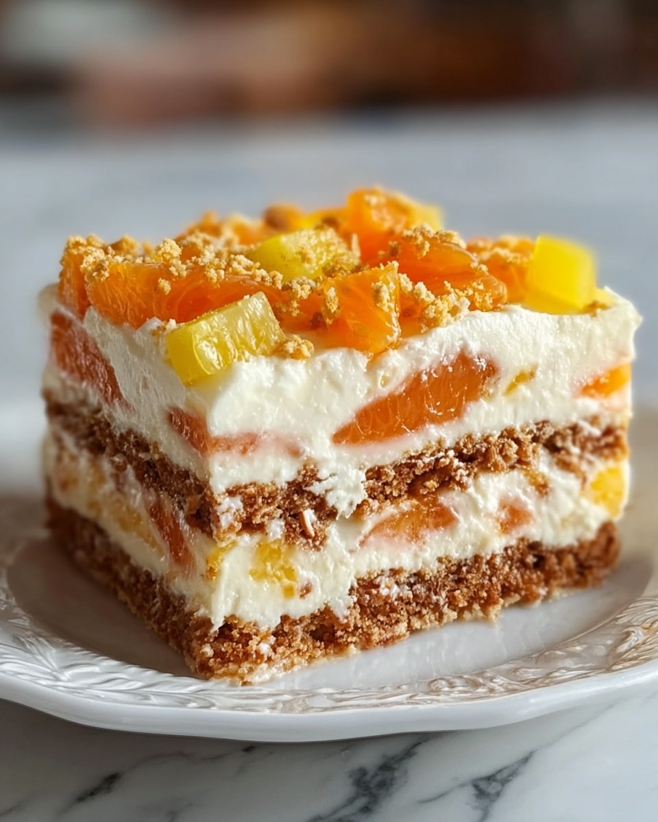 The image shows a square piece of dessert with multiple layers. At the base, there is a thick crumbly brown layer that looks like crushed cookies or graham crackers. Above it, there is a thick creamy white layer mixed with small chunks of orange, soft-looking fruit pieces. This pattern repeats, with another crumbly brown layer and then another creamy white layer with the orange chunks. The topmost layer is mostly creamy white, sprinkled with larger pieces of orange fruit and what seems to be small yellow chunks, creating a colorful and fresh look. The dessert is placed on a white plate with delicate patterns, set on a white marbled surface. photo taken with an iphone --ar 4:5 --v 7