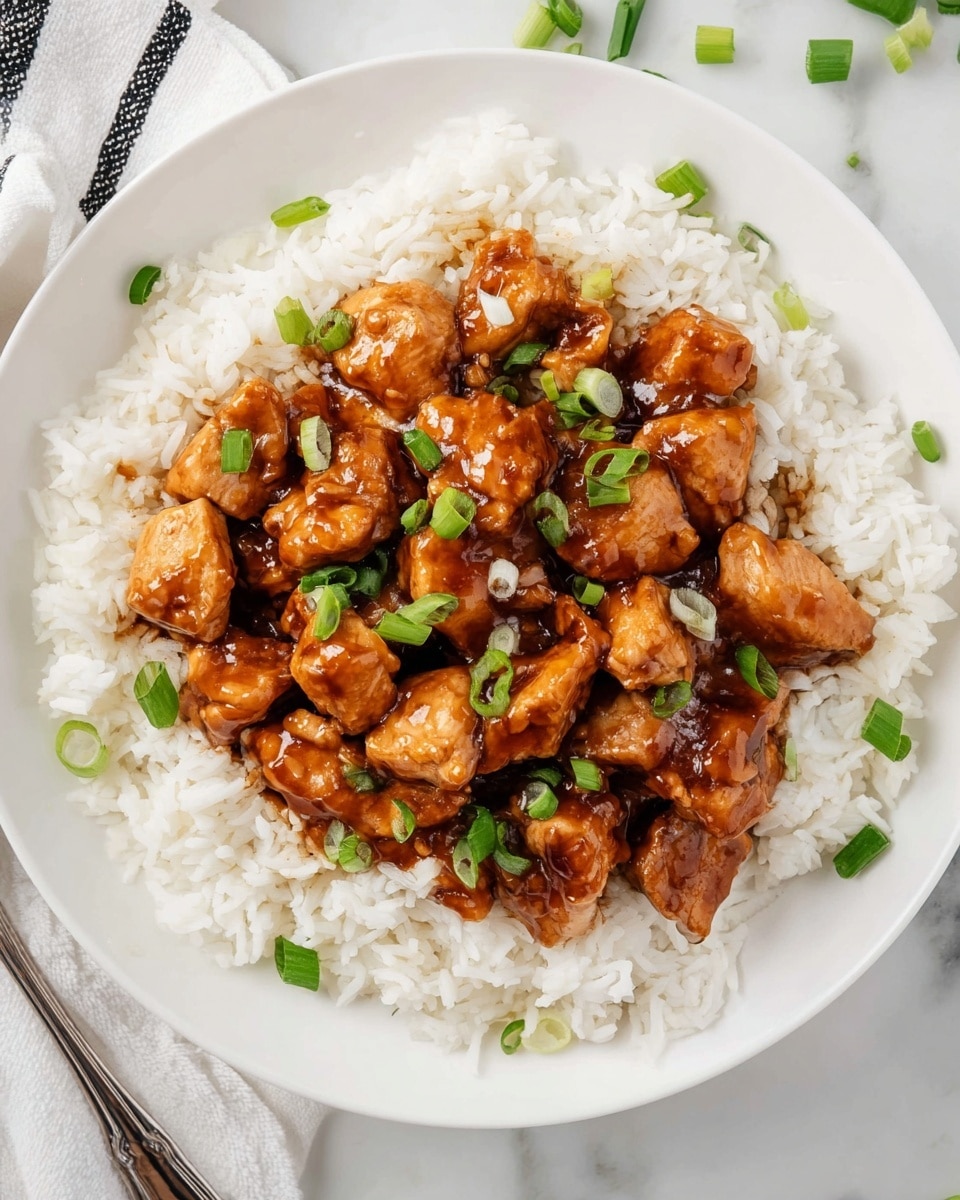 The image shows a white round plate filled with a bed of white rice forming the bottom layer. On top of the rice, there is a layer of glossy, thick brown sauce coating tender-looking chicken pieces, which are cut into medium-sized chunks. Scattered over the chicken are small green slices of fresh scallions adding a touch of vibrant green color. The plate is set against a white marbled textured surface with parts of a fork and a cloth visible nearby. photo taken with an iphone --ar 4:5 --v 7