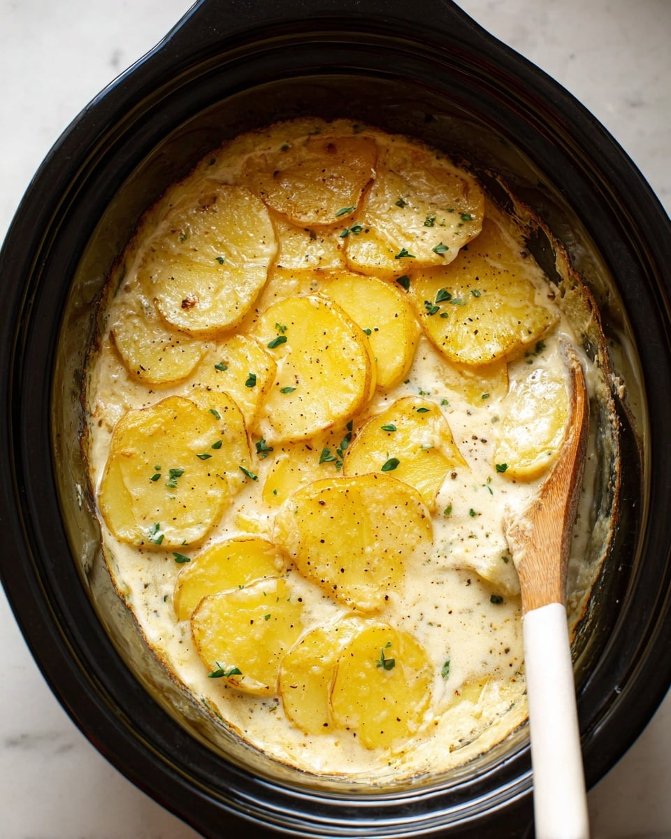 The dish shows a creamy potato casserole inside a black round slow cooker, with thin slices of golden-yellow potatoes arranged in a few slightly overlapping layers on top. The top layer has a light crust with specks of black pepper and small green herb bits scattered across. The creamy sauce is visible between the potato slices, giving a soft, smooth texture covering the whole dish. A wooden spoon with a white handle is partially dipped in the casserole on the right side, with some sauce and potato stuck to it. The whole scene is set on a white marbled surface. photo taken with an iphone --ar 4:5 --v 7