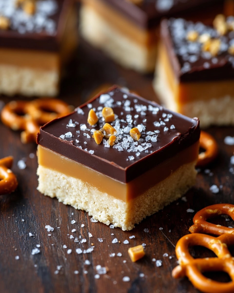 A close-up of a square dessert bar with three distinct layers: the bottom layer is light beige and crumbly like a biscuit base, the middle layer is smooth and caramel-colored, and the top layer is a glossy dark chocolate ganache. The chocolate layer is sprinkled with coarse sea salt and small golden caramel curls. The dessert is placed on a dark wooden surface with scattered bits of caramel, sea salt, a chocolate drop, and an orange pretzel around it. In the soft-focused background, more pieces of the dessert bar are visible. photo taken with an iphone --ar 4:5 --v 7