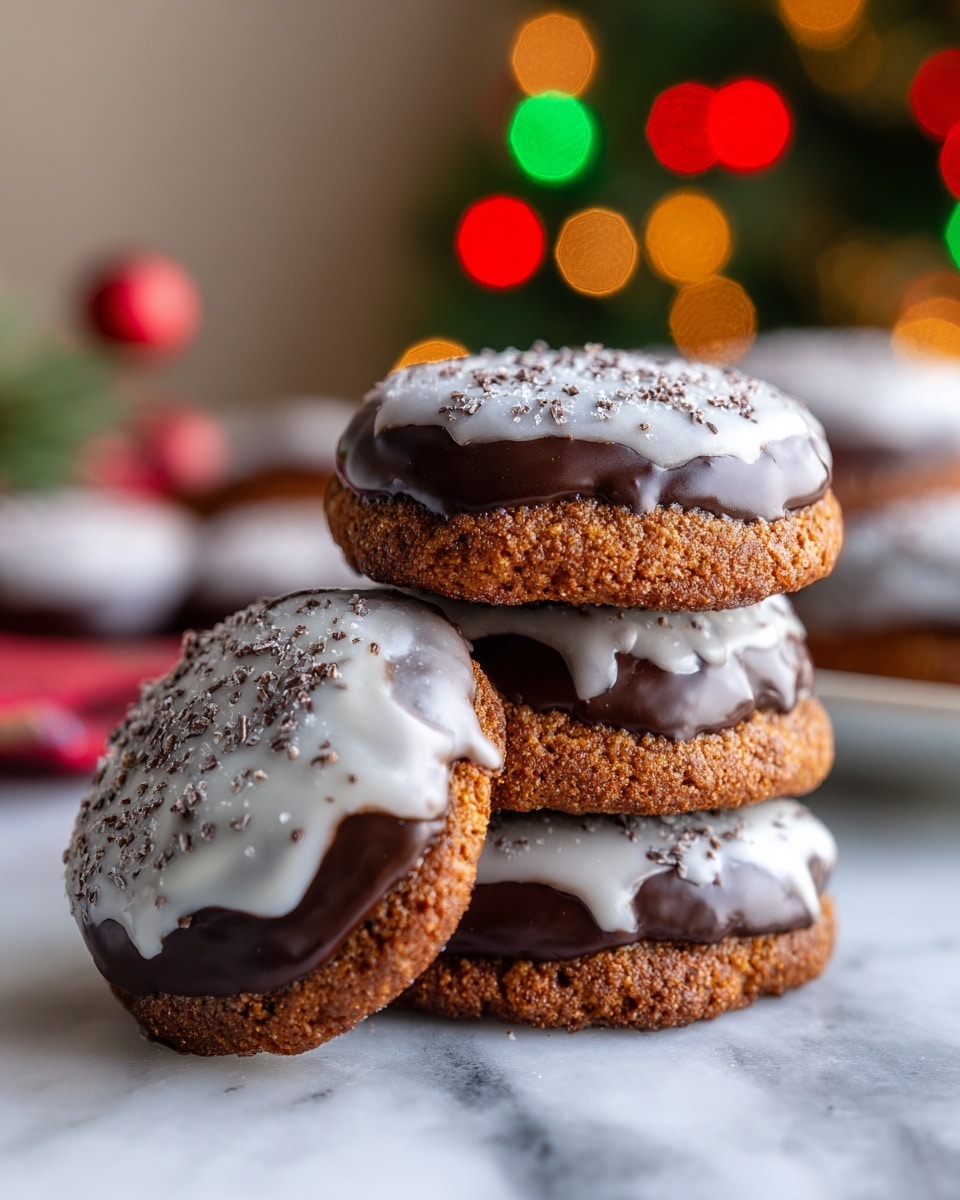 A close-up view of four stacked round cookies on a white marbled surface. Each cookie has a textured light brown base layer with a glossy dark brown chocolate layer covering the bottom half. The top of each cookie is coated with a shiny, uneven white icing that has cracks and a slightly rough texture. One cookie is in front, leaning gently against the stack, showing its cracked icing and soft surface clearly. The background is blurred with festive red and green lights and a warm, cozy glow. Photo taken with an iphone --ar 4:5 --v 7