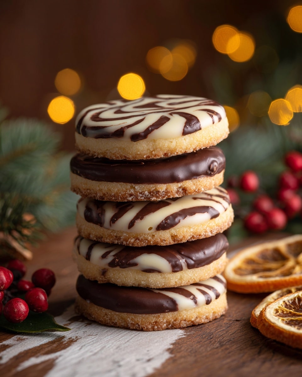 The image shows a stack of five round cookies arranged vertically on a wooden table with a white marbled texture. Each cookie has two layers: the top layer is a light golden-brown color with a swirled white icing pattern, while the bottom half is coated in dark glossy chocolate. The cookies have a rough, crumbly texture around the edges. In the background, there are dried orange slices, green pine leaves, and red berries that add a festive touch, with warm blurred yellow bokeh lights creating a cozy atmosphere. The photo taken with an iphone --ar 4:5 --v 7