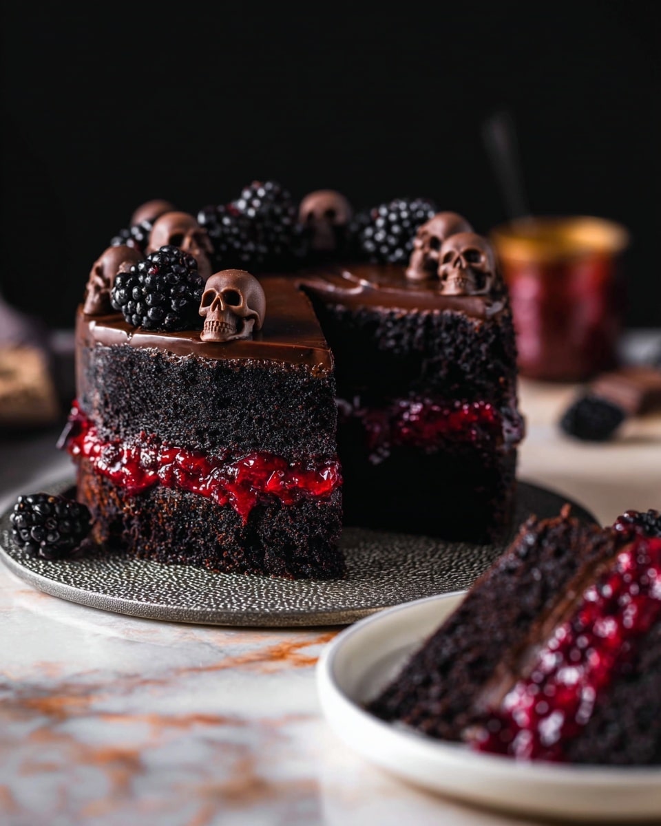A dark black cake with two thick layers of moist texture, filled in the middle with a bright red, glossy jam filling. The top of the cake is covered with a smooth black icing and decorated with fresh blackberries and small dark chocolate skulls arranged around the edge. The cake sits on a round, textured silver platter placed on a white marbled surface. In the foreground, a slice of the cake with the same dark layers and red filling is placed on a white plate. Photo taken with an iphone --ar 4:5 --v 7