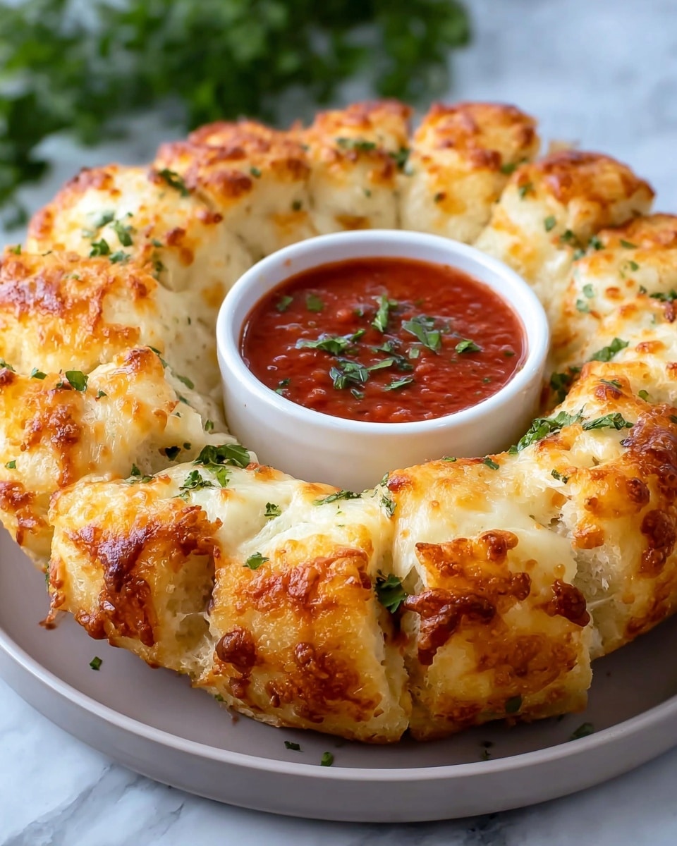 A round ring of golden-brown cheesy bread is arranged on a white plate, each piece topped with melted cheese that is slightly browned and bubbly, giving a textured look. The bread has a soft, fluffy texture with a light crust on the outside. In the center of the ring, a small white bowl holds bright red marinara sauce, garnished with small pieces of green herbs. The plate sits on a white marbled surface, and some greenery is softly blurred in the background. photo taken with an iphone --ar 4:5 --v 7