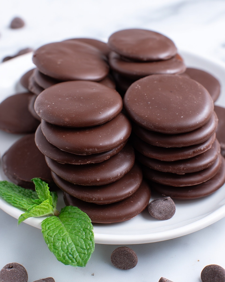 The image shows a white round plate filled with three neat rows of shiny, smooth dark chocolate discs, each disc similar in size and thickness, evenly stacked side by side covering the whole plate except the edges. The chocolate discs are rich brown with a glossy texture, and small chocolate chips are scattered around the base of the plate. On the lower right corner of the plate, a fresh green mint leaf adds a pop of color. The plate is placed on a white marbled surface, giving the whole scene a clean and bright look. Photo taken with an iphone --ar 4:5 --v 7