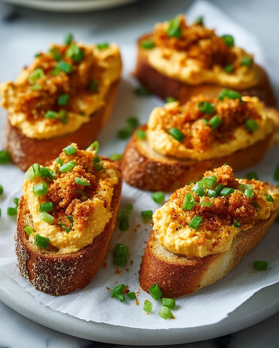 Five small toasted bread slices, each topped with a thick layer of creamy yellow spread that looks smooth and rich. On top of the spread, there is a crispy, golden brown crumbly layer, giving a crunchy texture. The bread has a crusty brown edge and soft inside. Bright green chopped scallions are sprinkled over each piece and around the plate for color and freshness. The bread slices are placed on white parchment paper on a round white plate with a white marbled texture underneath. photo taken with an iphone --ar 4:5 --v 7
