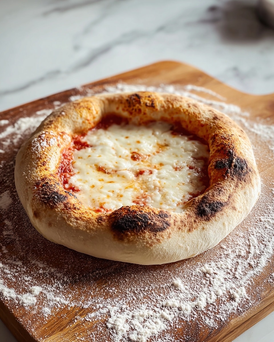 A small round pizza with a thick, puffy, and golden-brown crust that has some darker charred spots, dusted lightly with flour around the edges. The pizza has a smooth layer of melted white cheese covering the center, with a thin layer of red tomato sauce visible at the boundary between the crust and cheese. The pizza is placed on a wooden board covered with flour. The background shows a white marbled texture. photo taken with an iphone --ar 4:5 --v 7