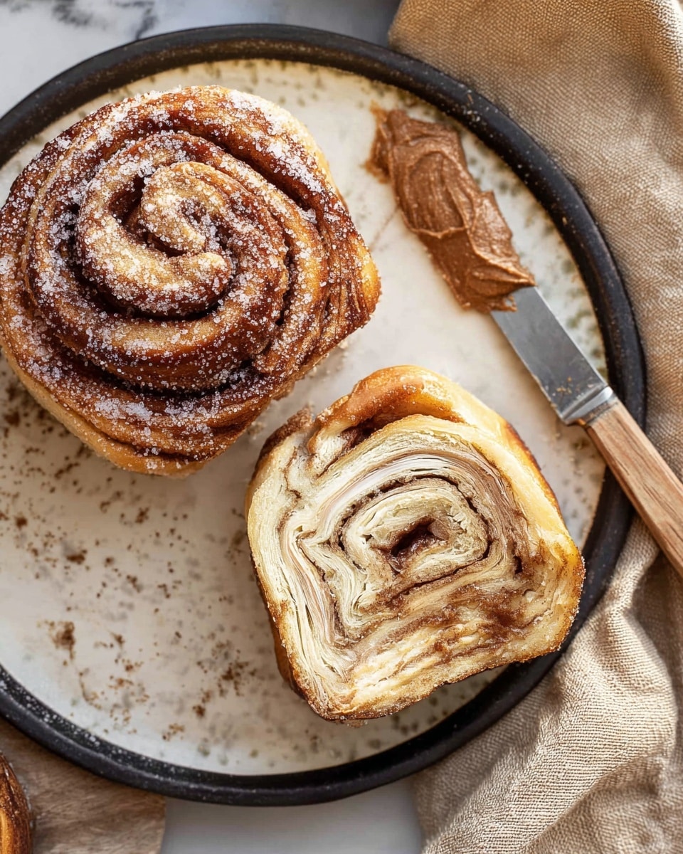 The image shows two cinnamon rolls on a round white plate with a black rim, placed on a white marbled surface. The roll on the left is viewed from the top, displaying multiple golden-brown swirled layers dusted lightly with white sugar. The roll on the right is cut in half, showing several soft, thin layers of light beige dough intertwined with a darker cinnamon filling inside. To the right of the cut roll, there is a butter knife with some cinnamon spread on it resting on a beige cloth. The overall scene looks warm and inviting, highlighting the texture and layers of the cinnamon rolls. Photo taken with an iphone --ar 4:5 --v 7