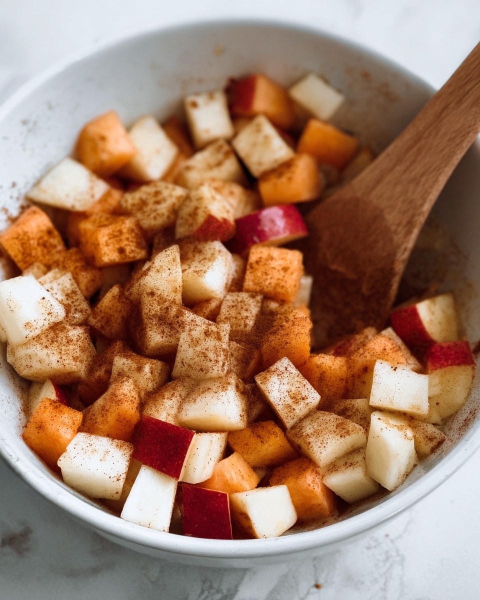 A close-up image of a white bowl filled with small, evenly cut cubes of fruit, including white, orange, and red pieces, all sprinkled with a dusting of brown cinnamon powder. The fruit cubes appear fresh and slightly glossy, giving a mix of smooth and soft textures. A wooden spoon is resting inside the bowl, partially visible, stirring the fruit mix. The background surface is a white marbled texture that contrasts softly with the bowl and fruit colors. Photo taken with an iphone --ar 4:5 --v 7