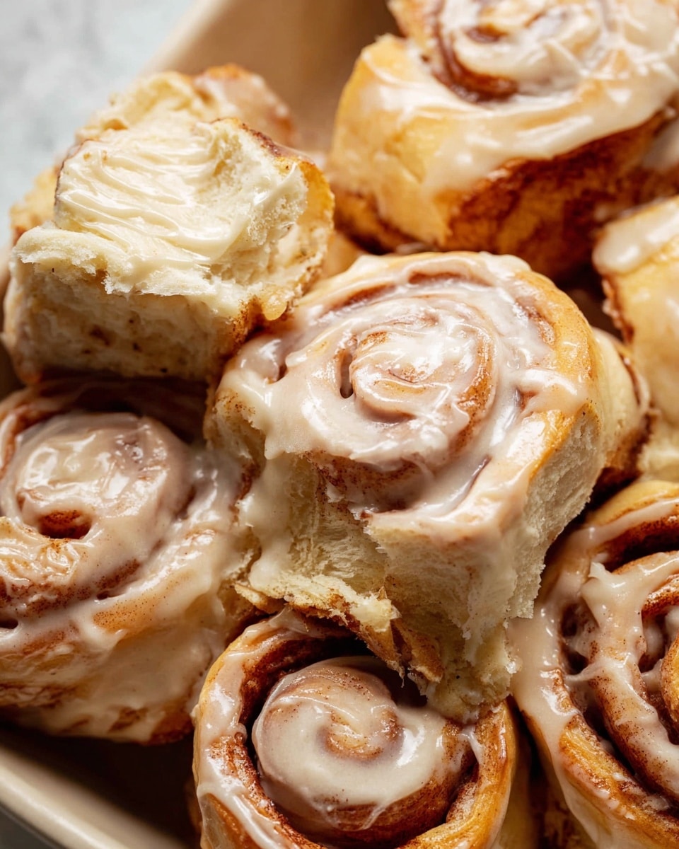 A close-up view of soft cinnamon rolls piled together in a white dish, each roll showing rich golden-brown swirls of cinnamon filling inside the fluffy beige dough layers. The tops of the rolls are thickly coated with creamy smooth beige icing that slightly melts down the sides, adding a glossy texture. Some rolls are whole while others are torn or cut, revealing the soft, airy layers inside. The background is a white marbled texture that contrasts with the warm colors of the cinnamon rolls. photo taken with an iphone --ar 4:5 --v 7
