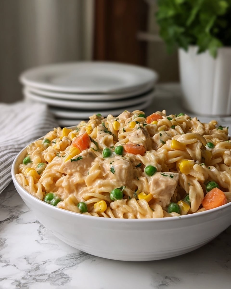 A white bowl filled with creamy pasta mixed with bite-sized pieces of cooked chicken, bright green peas, orange carrot chunks, and yellow corn kernels, all coated in a smooth, rich beige sauce with small bits of green herbs scattered throughout. The pasta looks soft and slightly twisted, blending well with the sauce and vegetables, creating a colorful and inviting mix. The bowl sits on a white marbled surface, with a stack of white plates and a white flower pot with green leaves blurred in the background. photo taken with an iphone --ar 4:5 --v 7