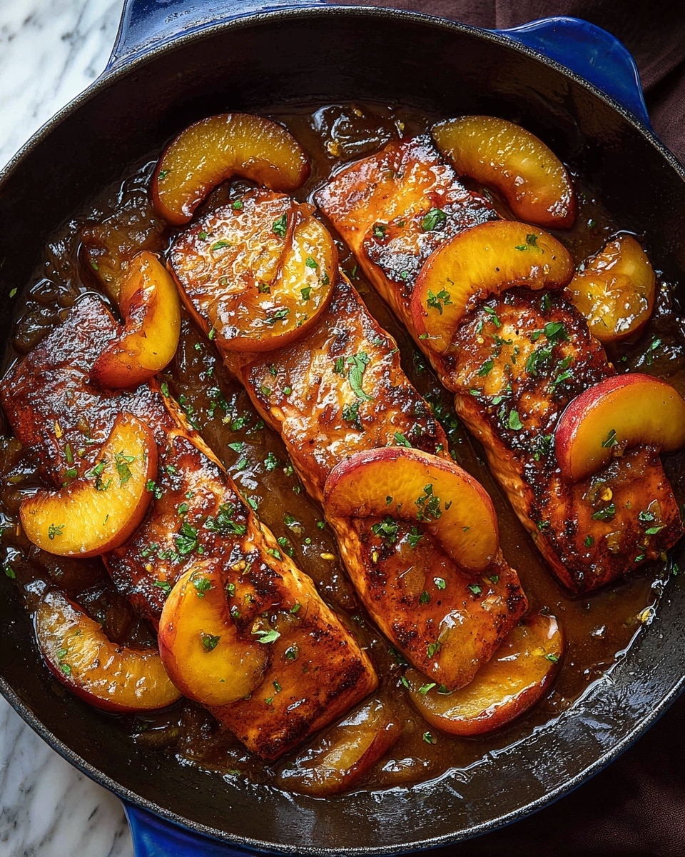 A close-up top view of a blue cast iron skillet filled with four pieces of cooked salmon fillets, each topped with several golden brown caramelized peach slices. The salmon has a rich orange color with a slightly charred, crispy texture on the edges, covered in glossy, thick sauce with a deep amber hue. The peach slices are soft and juicy, blending into the sticky sauce that pools at the bottom of the skillet. Small sprinkles of finely chopped green herbs are scattered on top for garnish. The skillet sits on a surface with a white marbled texture. Photo taken with an iphone --ar 4:5 --v 7