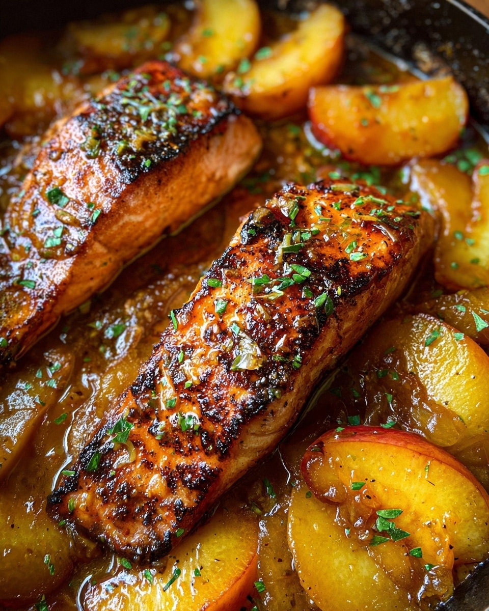 Two pieces of cooked salmon with a golden brown, slightly charred surface sit in a pan filled with a thick, shiny sauce. Around the salmon are bright orange-yellow peach slices with soft, glazed textures soaking in the sauce. Small green herb bits are sprinkled on top for color contrast. The dish looks juicy and rich, with the sauce clinging to both the fish and fruit. Photo taken with an iphone --ar 4:5 --v 7