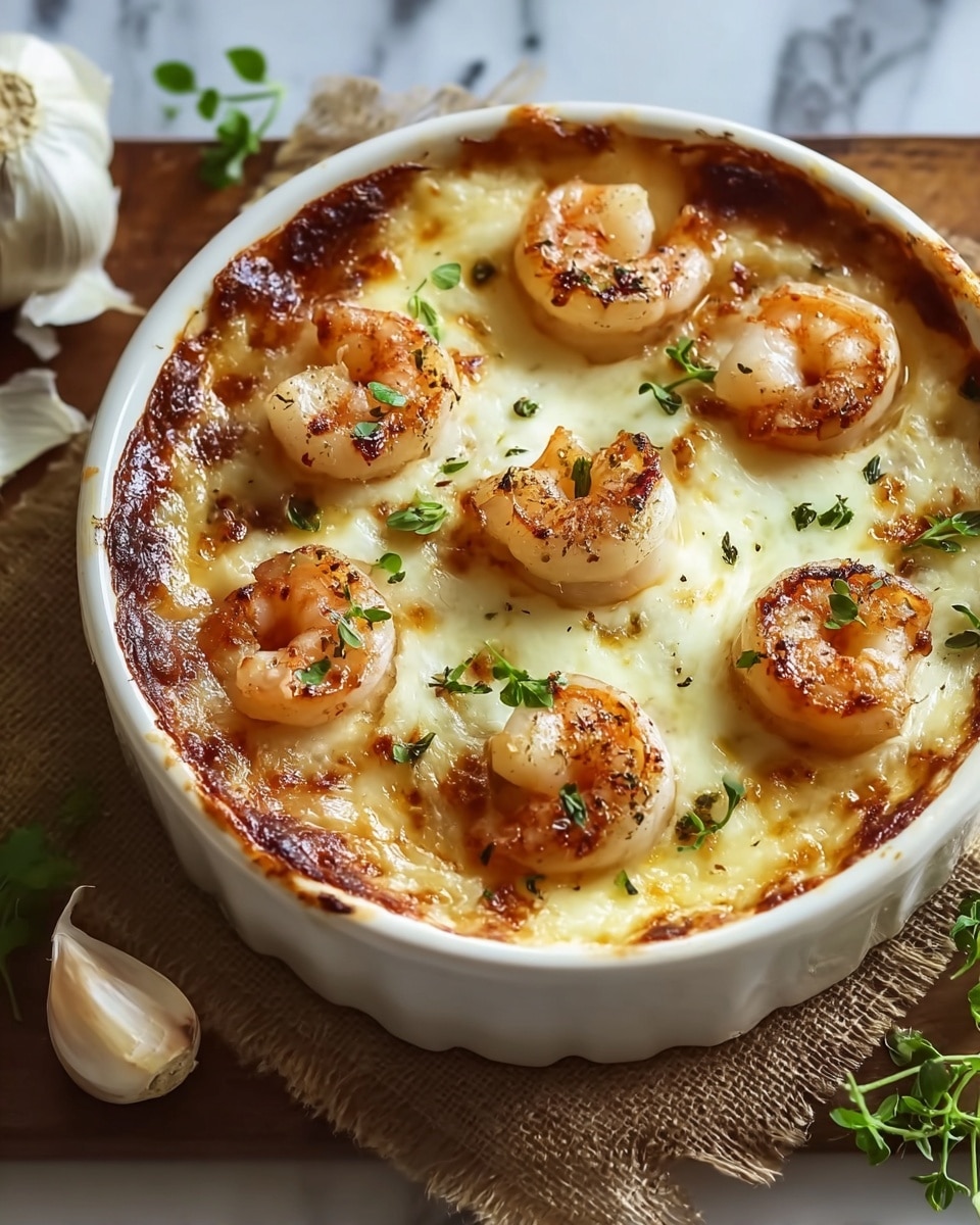A white round ceramic dish filled with a baked shrimp casserole, showing a golden-brown cheese crust bubbling over the edges. On top, eight plump shrimp with lightly browned grill marks sit evenly spaced on a smooth creamy cheese layer that covers the dish. Small green herb leaves are sprinkled across the shrimp and cheese, adding fresh touches. The dish rests on a textured brown cloth on a white marbled surface, with a garlic clove and some more green herbs nearby, creating a rustic feel. photo taken with an iphone --ar 4:5 --v 7