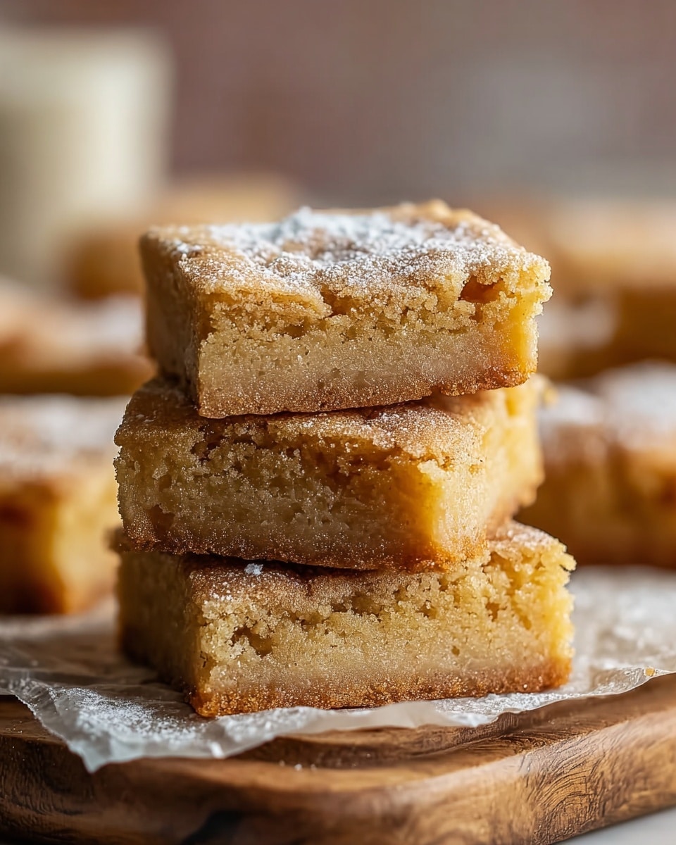 The image shows a stack of four square blondies with a golden-brown crust and a soft, crumbly texture inside. The top two blondies are stacked slightly off-center on the bottom two pieces. The surface of each blondie is dusted lightly with powdered sugar, giving a soft white contrast to their warm color. The stack sits on crumpled parchment paper over a wooden board, with blurred blondies visible in the background on the same surface. The setting has a cozy and fresh feel with close-up detail on the dessert's texture. Photo taken with an iphone --ar 4:5 --v 7