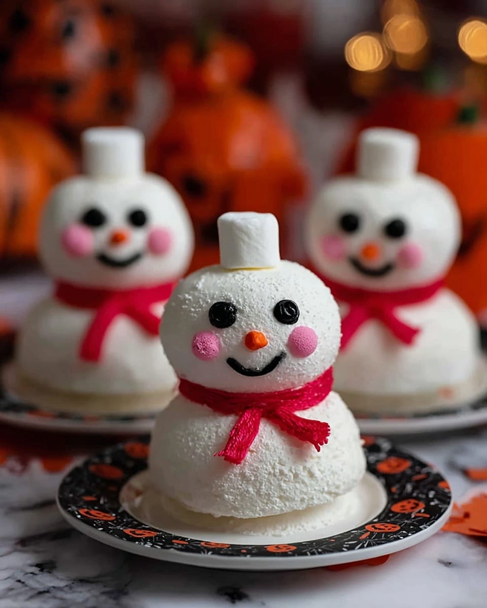 The image shows three cute snowman-shaped marshmallow desserts, each with two layers—the bottom round body and the smaller round head on top with a dollop of marshmallow. The snowmen have big black round eyes made from candy, small black smiles, and pink round cheeks. They wear red icing scarves tied at the neck. Each snowman is placed on a white plate with a black Halloween pattern on the edge, set on a white marbled texture. The background includes blurry warm tones and festive elements, giving a cozy, festive feel. Photo taken with an iphone --ar 4:5 --v 7