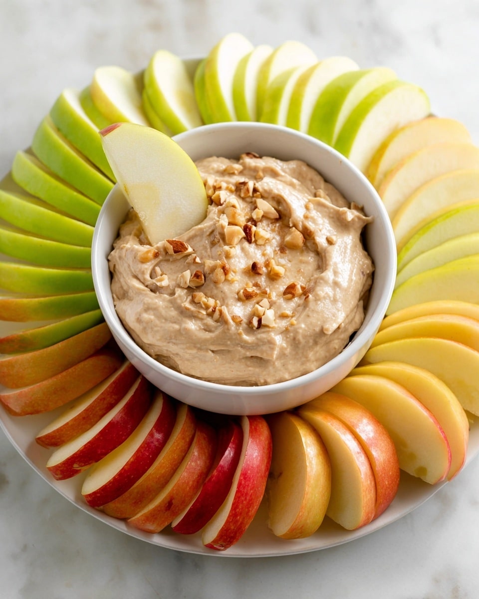 A white bowl filled with creamy beige peanut butter dip topped with small chopped nut pieces sits at the center, with a green apple slice dipped into the smooth, slightly chunky spread. Surrounding the bowl is a neat ring of alternating apple slices in green, yellow, and red colors, each showing their fresh, shiny, and smooth textures. The entire arrangement is placed on a white plate over a white marbled surface, creating a clean and fresh look. photo taken with an iphone --ar 4:5 --v 7