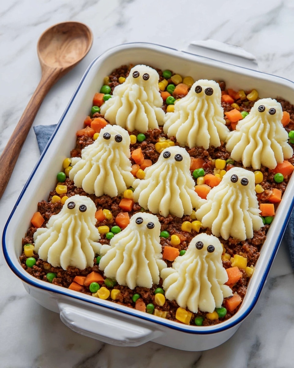 A white rectangular baking dish with a blue rim holds a colorful layered casserole. The bottom layer is a mix of cooked ground beef and bright mixed vegetables including green peas, orange carrot cubes, and yellow corn kernels. On top of this bed are six shapes of mashed potatoes, each styled like a small ghost with wavy arms and body ridges, giving a fun texture. Each ghost has two whole black peppercorns or allspice berries placed as eyes. The dish is set on a white marbled surface with a wooden spoon on the side. photo taken with an iphone --ar 4:5 --v 7