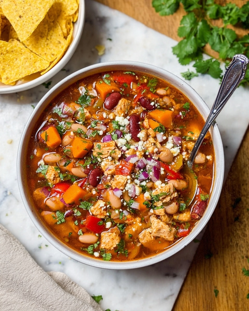 A white bowl filled with a colorful chicken chili soup showing three main layers: a base of rich reddish-brown broth, chunky pieces of orange carrots and red bell peppers mixed with light brown pinto beans, and scattered bits of white cheese crumbs on top sprinkled with green cilantro and small pieces of purple onion. The bowl is placed on a white marbled surface, next to a white bowl with a seam holding yellow corn tortilla chips. Some green cilantro leaves are loosely arranged beside the bowl. A silver spoon rests inside the chili on the right side. photo taken with an iphone --ar 4:5 --v 7