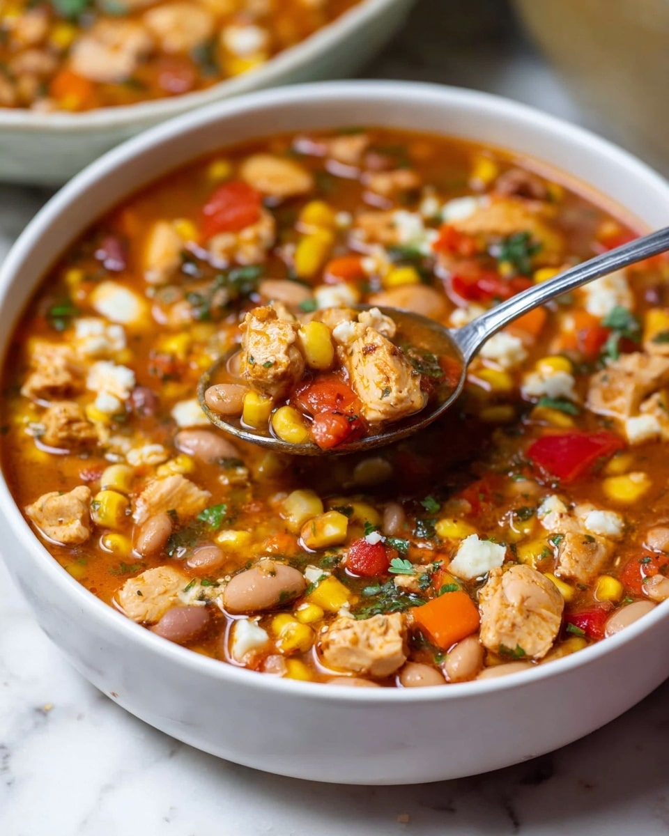 This image shows a white bowl filled with a thick soup that has many colorful layers. The base is a rich, reddish broth. Mixed inside are chunks of light brown cooked chicken, small beige beans, bright yellow corn, and diced red and orange bell peppers. There are also bits of white cheese and small pieces of green herbs scattered throughout. A metal spoon holds a scoop of the soup near the center, showing all these colorful elements clearly. The bowl sits on a white marbled surface with another bowl blurred in the background. photo taken with an iphone --ar 4:5 --v 7