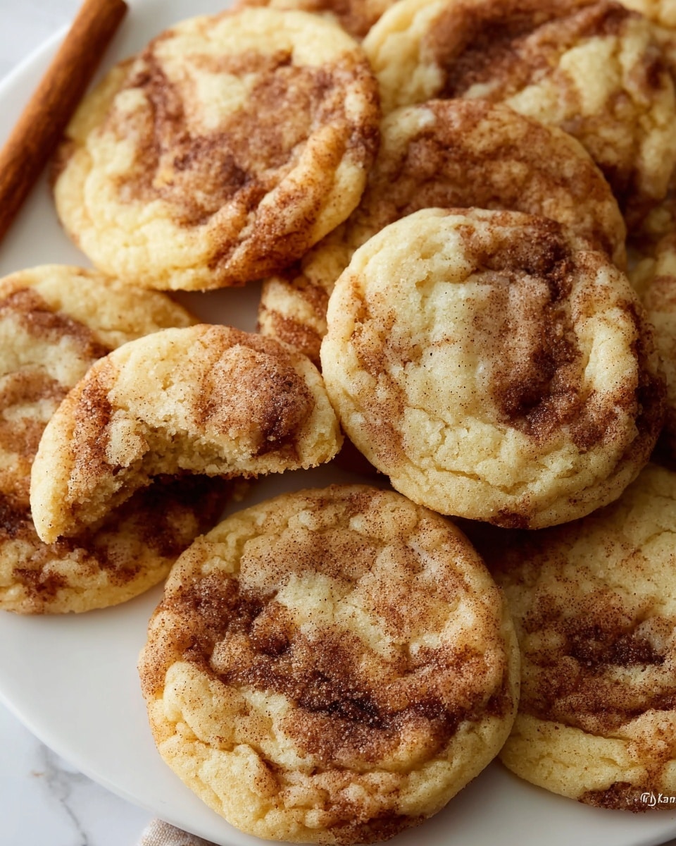 The image shows several cinnamon swirl cookies arranged closely on a white plate, resting on a white marbled surface. Each cookie is round with a light golden-brown color, featuring darker brown cinnamon swirls spread unevenly across the surface. The cookies appear soft and slightly puffy with a crumbly texture visible around the edges. Some cookies are broken, showing a tender inside with cinnamon streaks. A cinnamon stick is partially visible on the left side of the frame. photo taken with an iphone --ar 4:5 --v 7