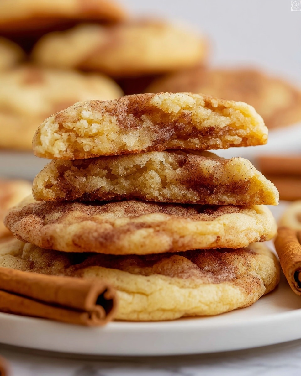 A close-up view of a stack of soft, round cookies with a cracked surface showing a golden-brown, slightly crispy outer layer and a thick, chewy light brown and beige inside with swirls of cinnamon. The cookies are placed on a white plate which rests on a white marbled surface. In the blurry background, a few cinnamon sticks can be seen lying flat. The focus is mainly on the middle cookie that is broken in half and stacked on two other cookies, revealing the soft, moist texture inside. photo taken with an iphone --ar 4:5 --v 7