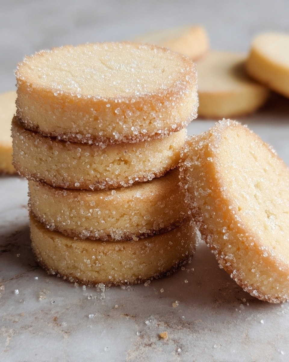 The image shows a close-up of a stack of four round shortbread cookies with coarse sugar crystals covering the thick edges, giving a glittery texture. The top surfaces of the cookies are smooth with a light golden color, and the cookies have a slightly crumbly appearance. To the right of the stack, one cookie leans against it, showing the round shape and sugar-coated edge clearly. More cookies are scattered out of focus in the background. The cookies rest on a white marbled textured surface. photo taken with an iphone --ar 4:5 --v 7