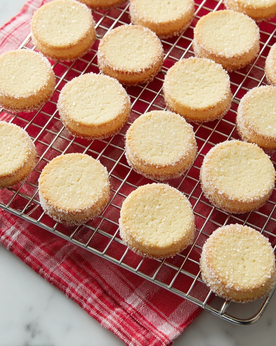 Round shortbread cookies are evenly baked to a golden light brown with a slightly cracked top texture. Each cookie has a thick sugar-coated edge that shines with granular sugar crystals, creating a sparkling effect around the entire circumference. The cookies are arranged in neat rows on a silver wire cooling rack, which is placed over a red and white checkered cloth on a white marbled surface. The overall look is warm and fresh, suggesting the cookies just came out of the oven. photo taken with an iphone --ar 4:5 --v 7