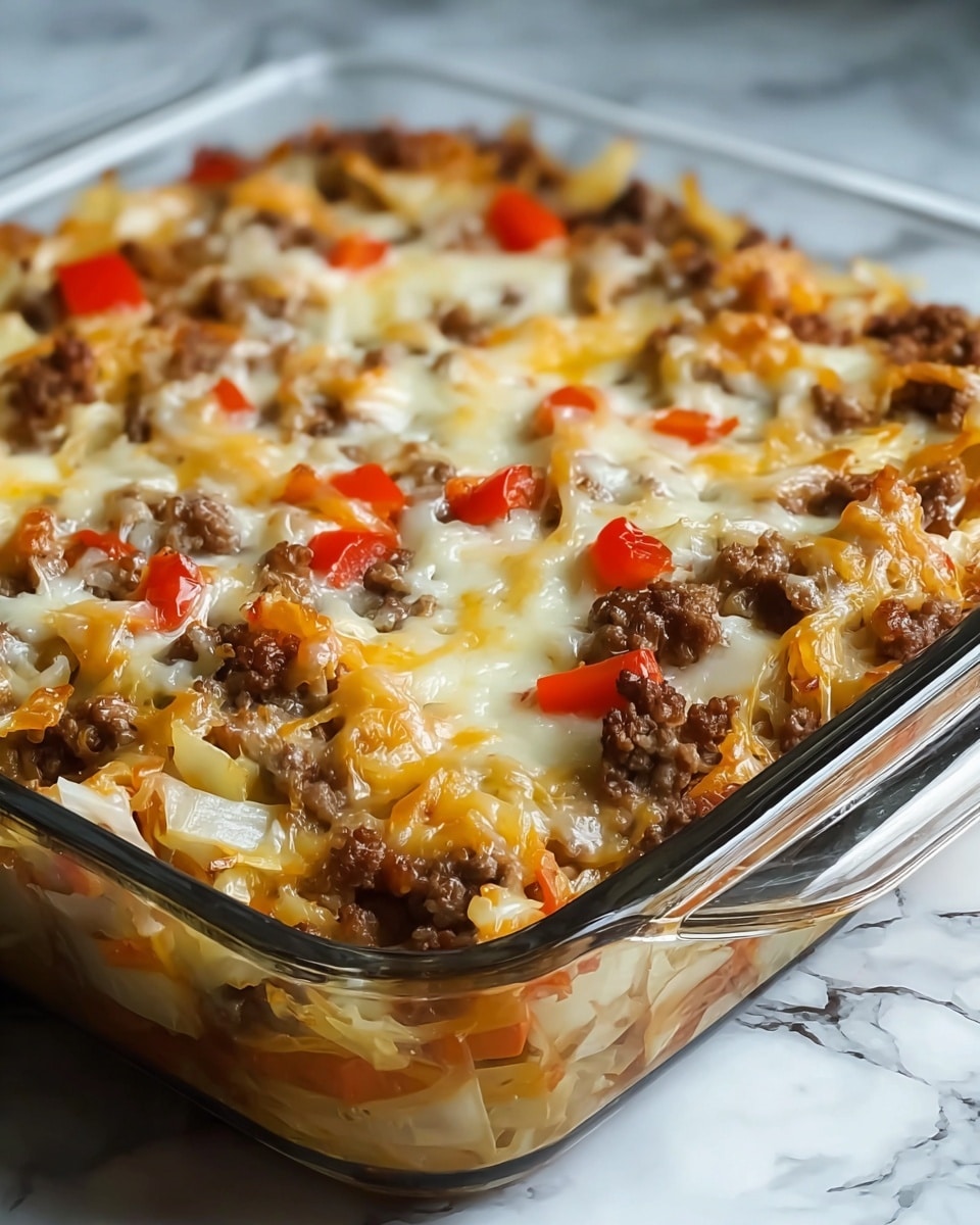The dish is a baked casserole in a clear glass square baking dish placed on a white marbled texture. The casserole has three main layers: the bottom layer is pale cooked cabbage with a slightly soft, wilted texture; the middle layer consists of browned ground meat mixed with diced onions and small, bright red bell pepper pieces; the top layer is melted cheese that has areas of creamy white and golden yellow, forming a bubbly, slightly browned surface. The ingredients are mixed together but still show distinct sections of meat, vegetables, and cheese throughout the dish. Photo taken with an iphone --ar 4:5 --v 7