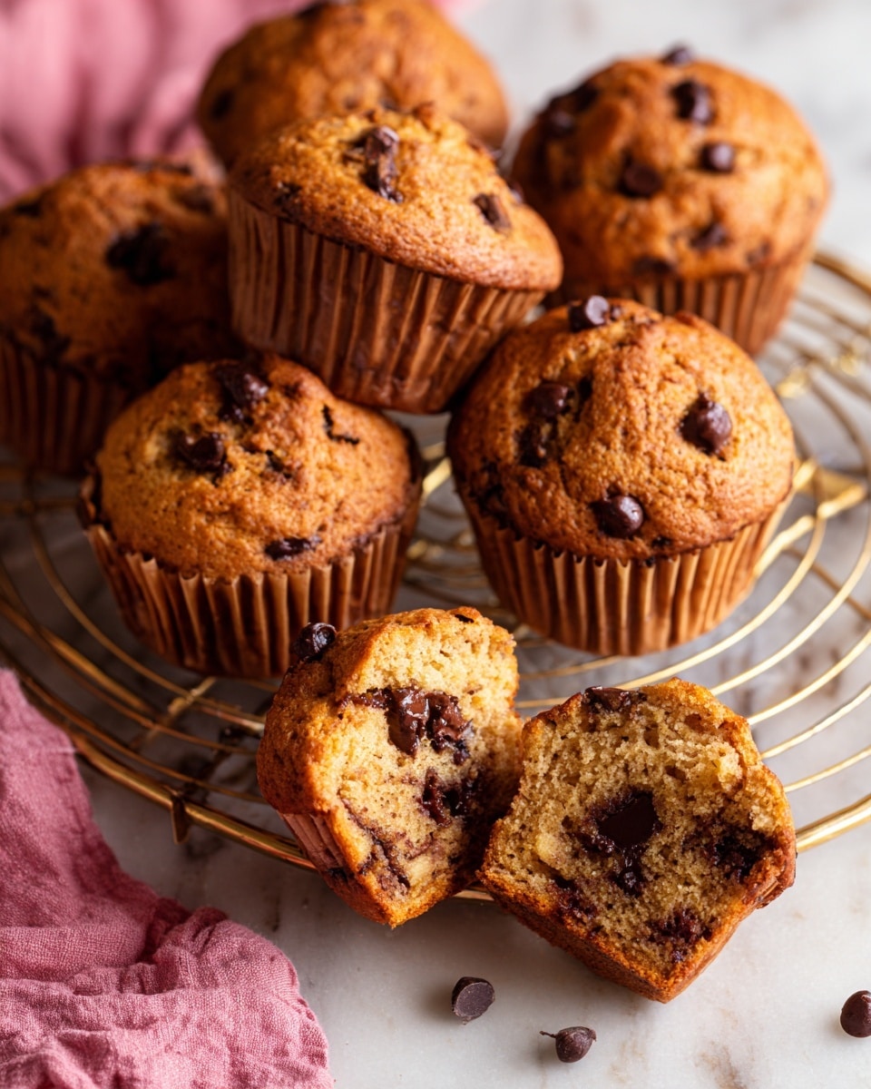 The image shows several golden brown muffins with visible dark chocolate chips scattered on top and inside. Most muffins are whole with rough, textured tops, while one is cut in half, showing a soft, moist interior dotted with melted chocolate pieces. The muffins sit on a golden wire cooling rack over a white marbled surface, and a crumpled pink cloth is placed near the bottom corner. The muffin wrappers are light beige, and the chocolate chips add dark contrast to the warm brown of the muffin batter. photo taken with an iphone --ar 4:5 --v 7