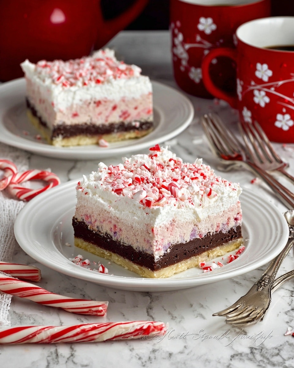 Two square dessert slices are on white plates placed on a white marbled surface. Each slice has four layers: the bottom layer is a light golden crust, followed by a pale pink creamy layer with small red bits, then a thick dark brown chocolate layer, and topped with a fluffy white whipped cream layer. Crushed red and white peppermint candy pieces are sprinkled generously on the top layer. Around the plates, there are many red and white striped candy canes and two forks. In the background, there are two red mugs with white floral designs and a red teapot also decorated with white flowers. photo taken with an iphone --ar 4:5 --v 7