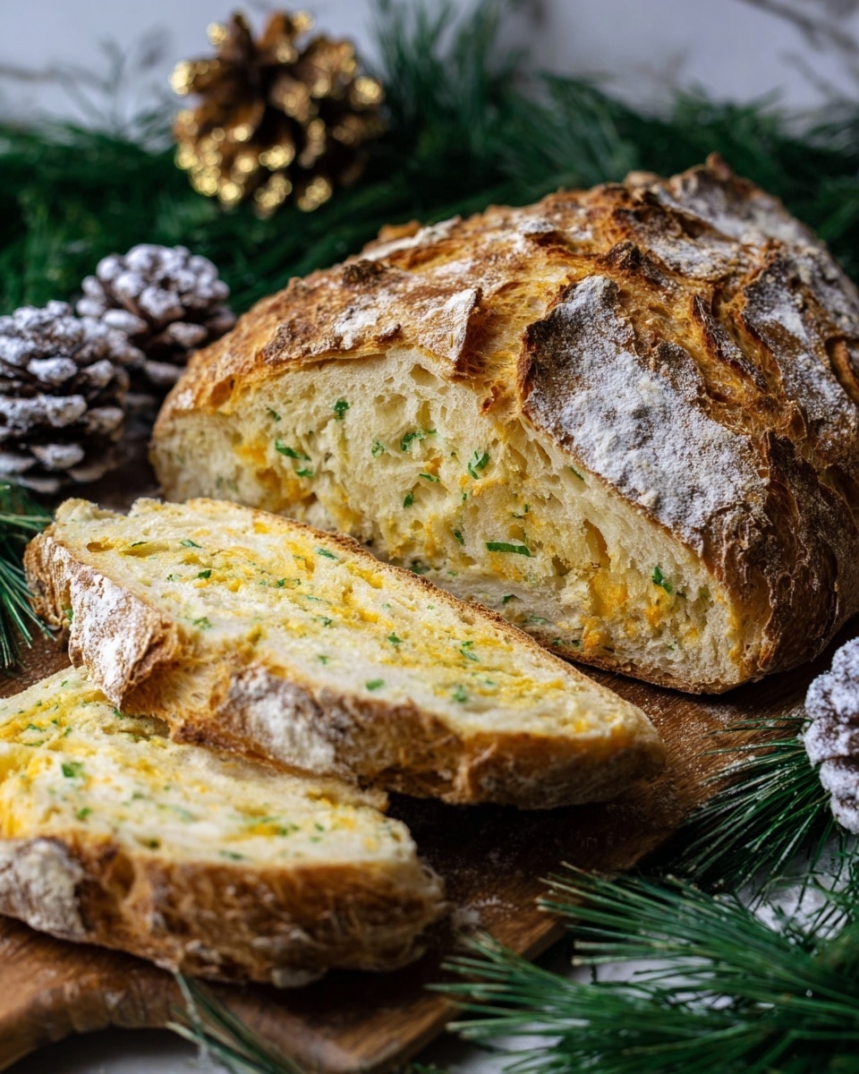 A loaf of rustic bread is sliced open, showing a soft inside with yellow cheese bits and green herbs spread all through. The crust is golden brown and rough, dusted with flour, and has a cracked, crisp texture on top. The bread slices are set on a wooden cutting board, surrounded by green pine branches and pine cones with a dusting of white powder, all placed on a white marbled surface. Photo taken with an iphone --ar 4:5 --v 7