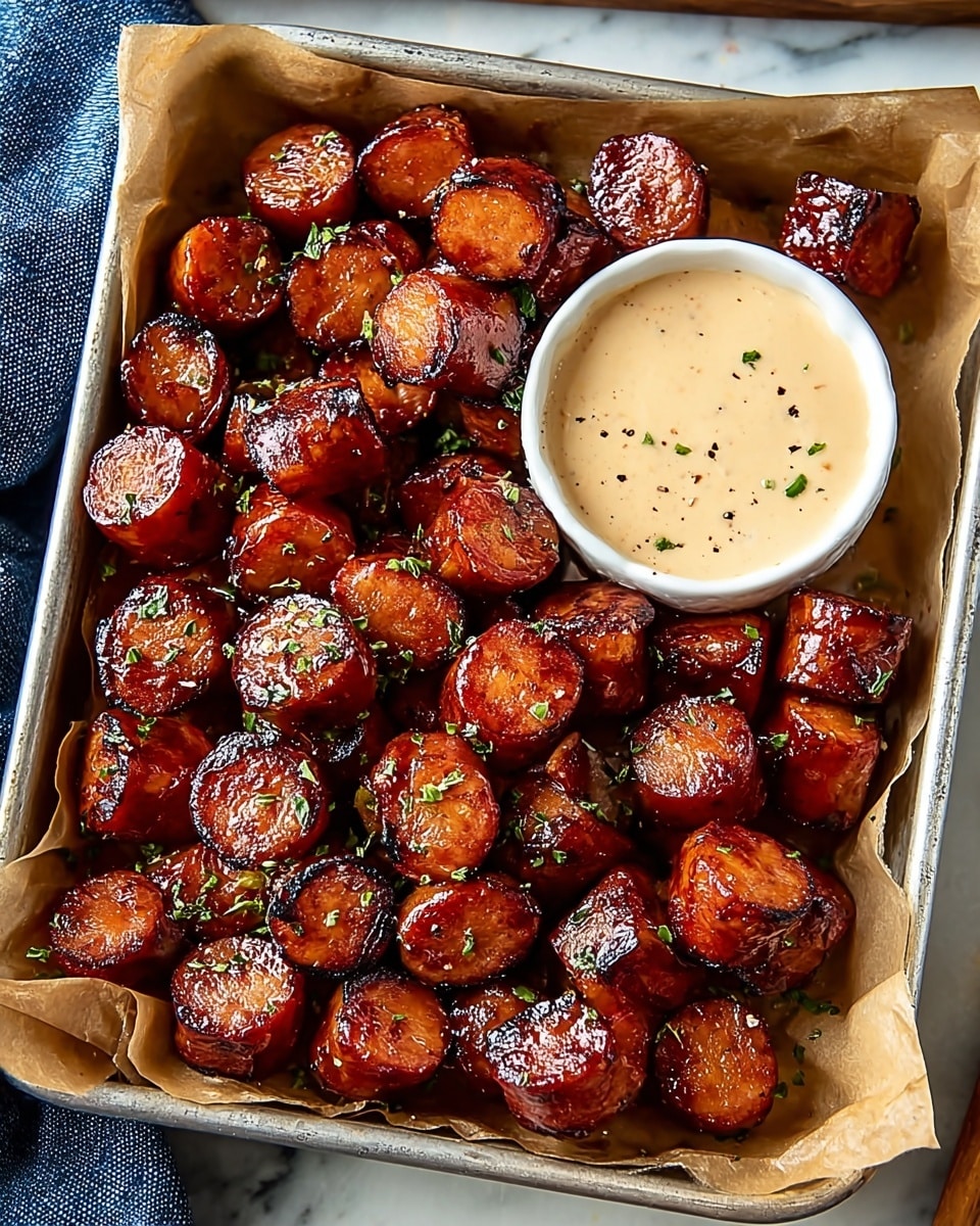 The image shows a square metal tray lined with parchment paper, filled with thick, glossy sausage pieces that are a deep reddish-brown color and appear well-grilled with slight char marks. The sausages are cut into chunky rounds, roughly uniform in size, and scattered across the tray with small green herb bits sprinkled on top. In the center sits a small white bowl holding a creamy light beige dipping sauce speckled with darker seasoning. The tray is set on a white marbled surface with a folded blue cloth partially visible on the left side. Photo taken with an iphone --ar 4:5 --v 7