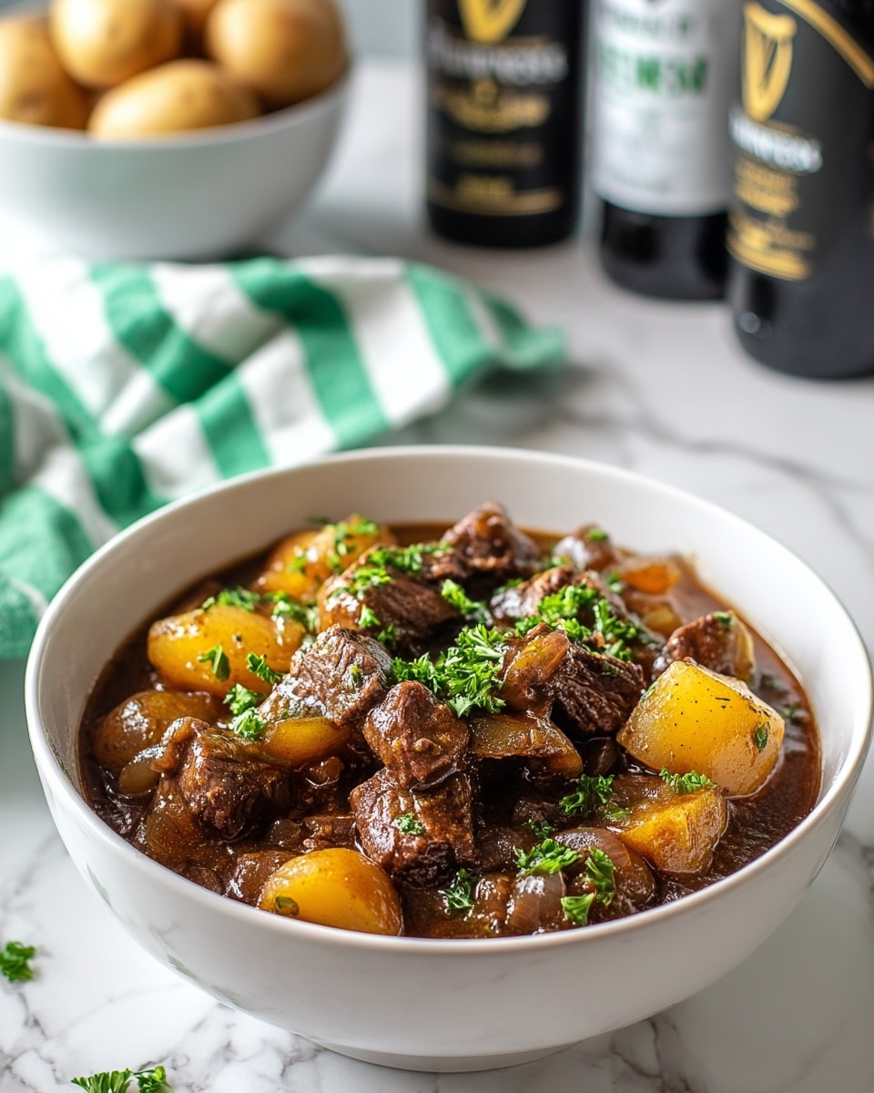 A white bowl filled with a hearty stew sits on a white marbled surface, filled about three-quarters with chunks of dark brown beef, golden yellow potato pieces, and soft translucent onion slices, all coated in a rich, dark brown gravy. On top, small sprigs of fresh green parsley add a bright color contrast. The background is softly blurred, showing a striped green and white cloth on the left, a bowl of round, light brown potatoes behind it, and two bottles with labels, mostly black and white, one of which is taller and closer on the right. photo taken with an iphone --ar 4:5 --v 7