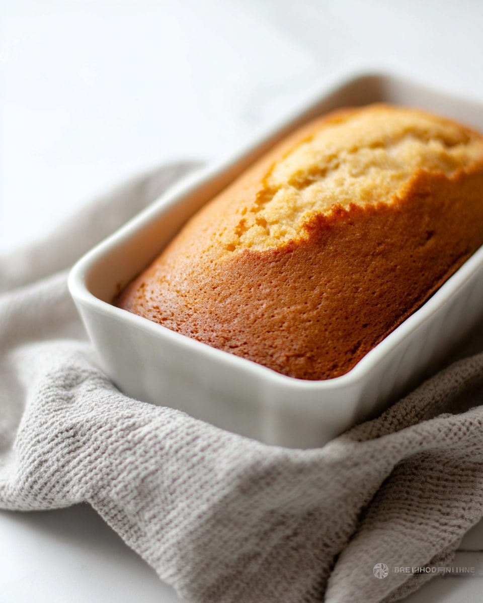 A close-up of a golden brown loaf cake with a slightly cracked top, sitting inside a white rectangular baking dish. The cake has a soft, spongy texture and rises gently from the edges to the center. Underneath the baking dish is a light gray textured cloth resting on a white marbled surface, adding a cozy and clean feel to the setting. photo taken with an iphone --ar 4:5 --v 7