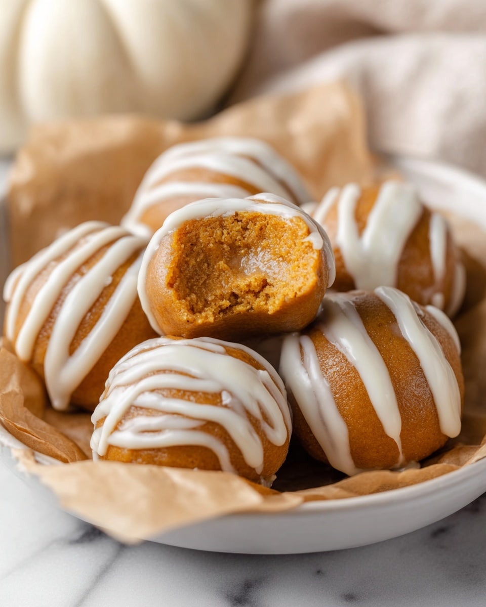 A close-up view of small round pumpkin dessert balls with a soft orange-brown exterior, each topped with a thin white cream drizzle. One dessert ball in the center is bitten, showing a smooth, creamy light orange filling inside. They are placed together on light brown parchment paper inside a white bowl. The background has a soft white marbled texture, and there is a blurred white pumpkin in the distant background. photo taken with an iphone --ar 4:5 --v 7