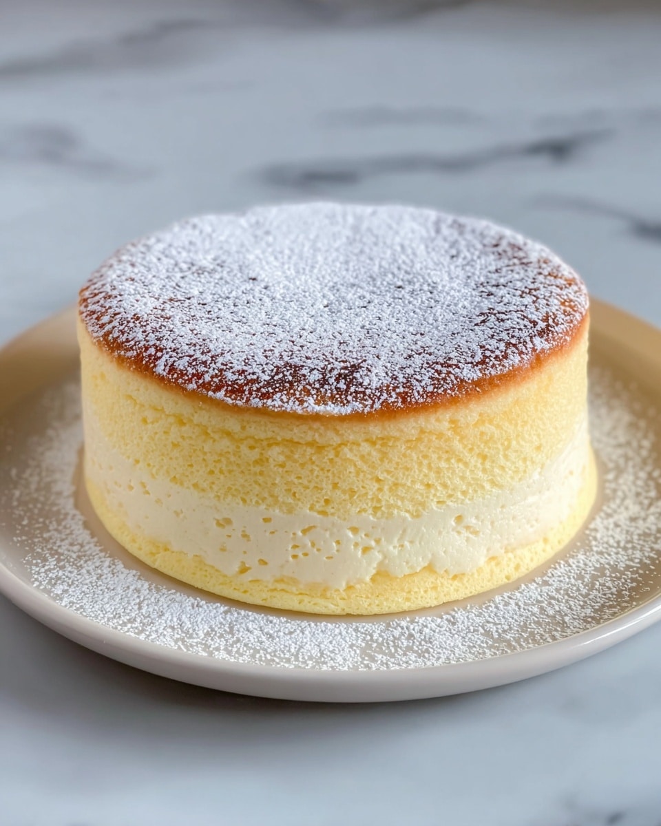 A soft, fluffy round cake with two visible layers sits on a white plate, with a light yellow bottom layer and a pale, airy middle layer that is slightly textured. The top layer is a smooth, golden-brown surface dusted with a fine layer of white powdered sugar, which also spills lightly onto the white plate around the base. The cake's edges are soft and slightly rounded, showing its light and delicate texture. The background has a white marbled texture, adding a clean and fresh look to the image. photo taken with an iphone --ar 4:5 --v 7