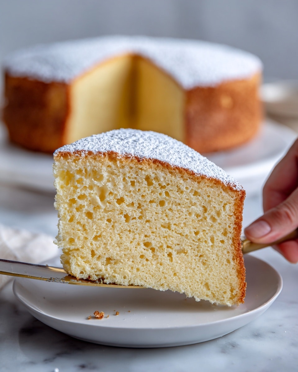 A large slice of light yellow sponge cake with a soft, airy texture and small holes evenly spread throughout, topped with a thin, even layer of white powdered sugar. The cake has a single thick layer with a slightly rough edge on one side where it has been cut. A woman's hand holds a knife under the slice for support. In the blurred background, the rest of the cake is visible on a white plate, all set on a white marbled surface. photo taken with an iphone --ar 4:5 --v 7