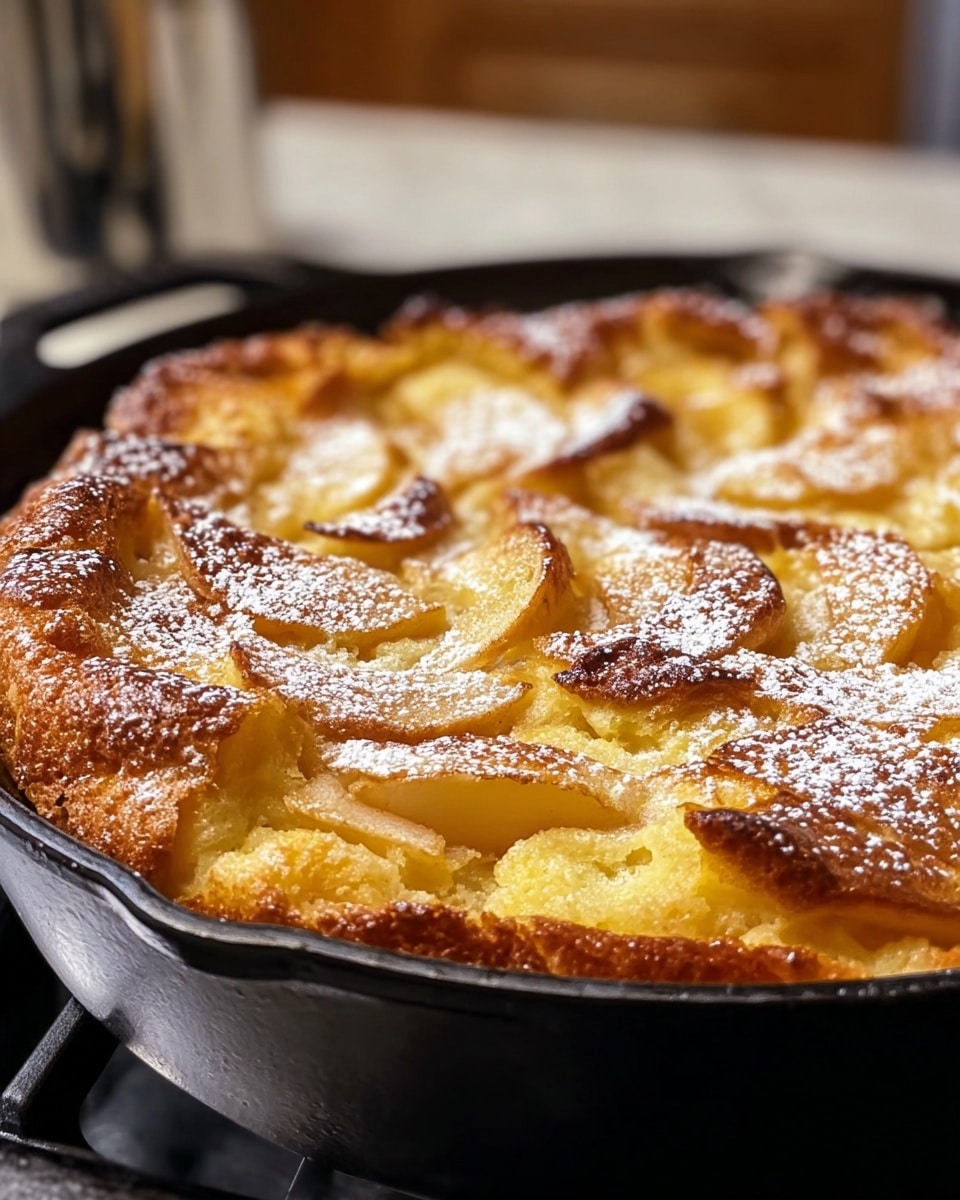 A close-up view of a thick, golden brown baked dish with visible soft, slightly caramelized apple slices embedded in a fluffy, textured batter layer. The top surface is sprinkled lightly with powdered sugar, adding a dusted white contrast to the warm browns and yellows. The dish is in a black cast-iron pan resting on a stovetop, with the background blurred but showing kitchen elements, all placed on a white marbled texture. photo taken with an iphone --ar 4:5 --v 7
