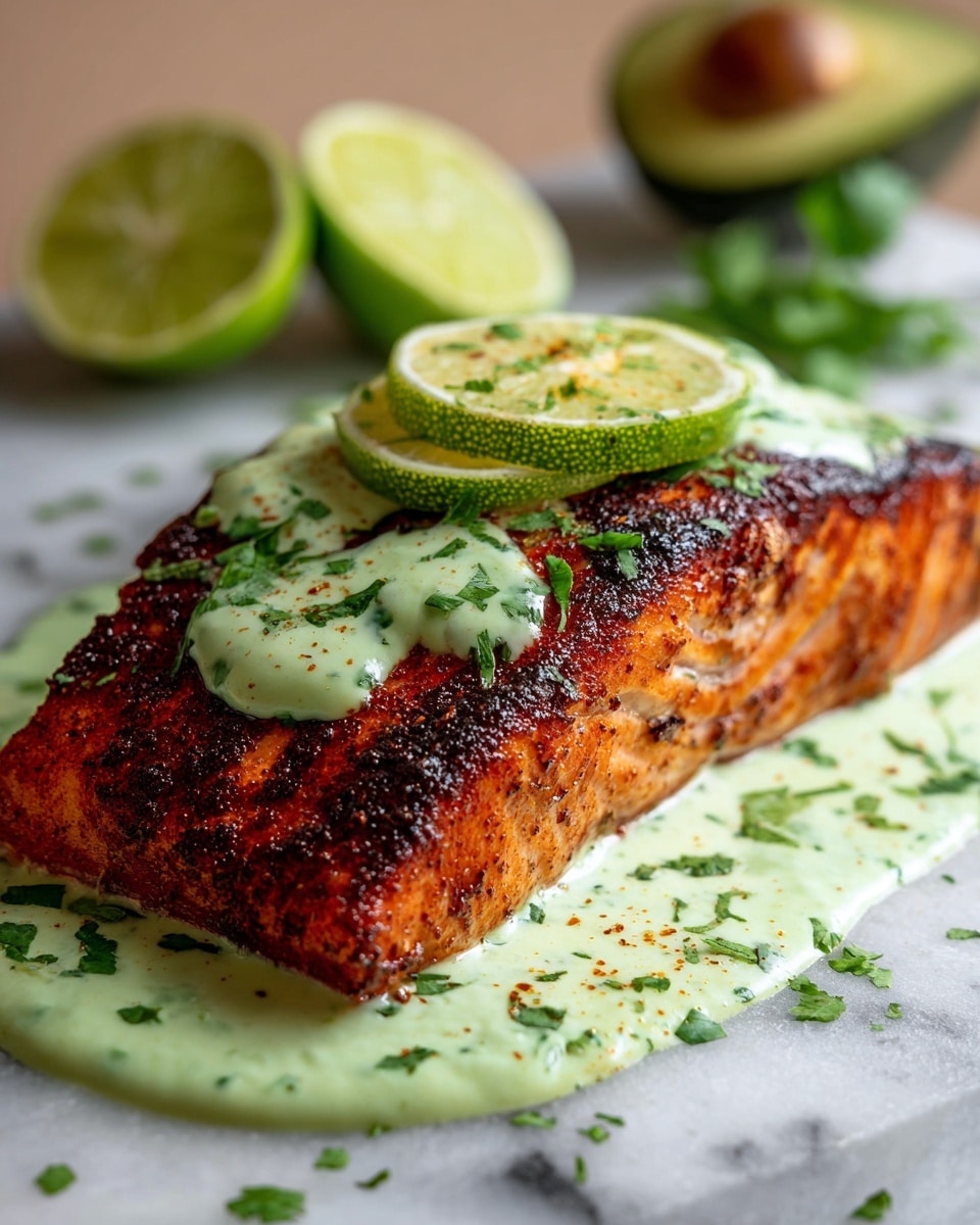 A piece of grilled salmon with a dark, crispy, reddish-brown skin is placed on a light green creamy sauce with herbs spread beneath it on a white marbled surface. On top of the salmon, there are dollops of the same creamy sauce, sprinkled with chopped green herbs, and a few slices of fresh lime with a sprinkle of seasoning. In the background, several lime wedges and a partly visible avocado half add fresh green and yellow colors. photo taken with an iphone --ar 4:5 --v 7