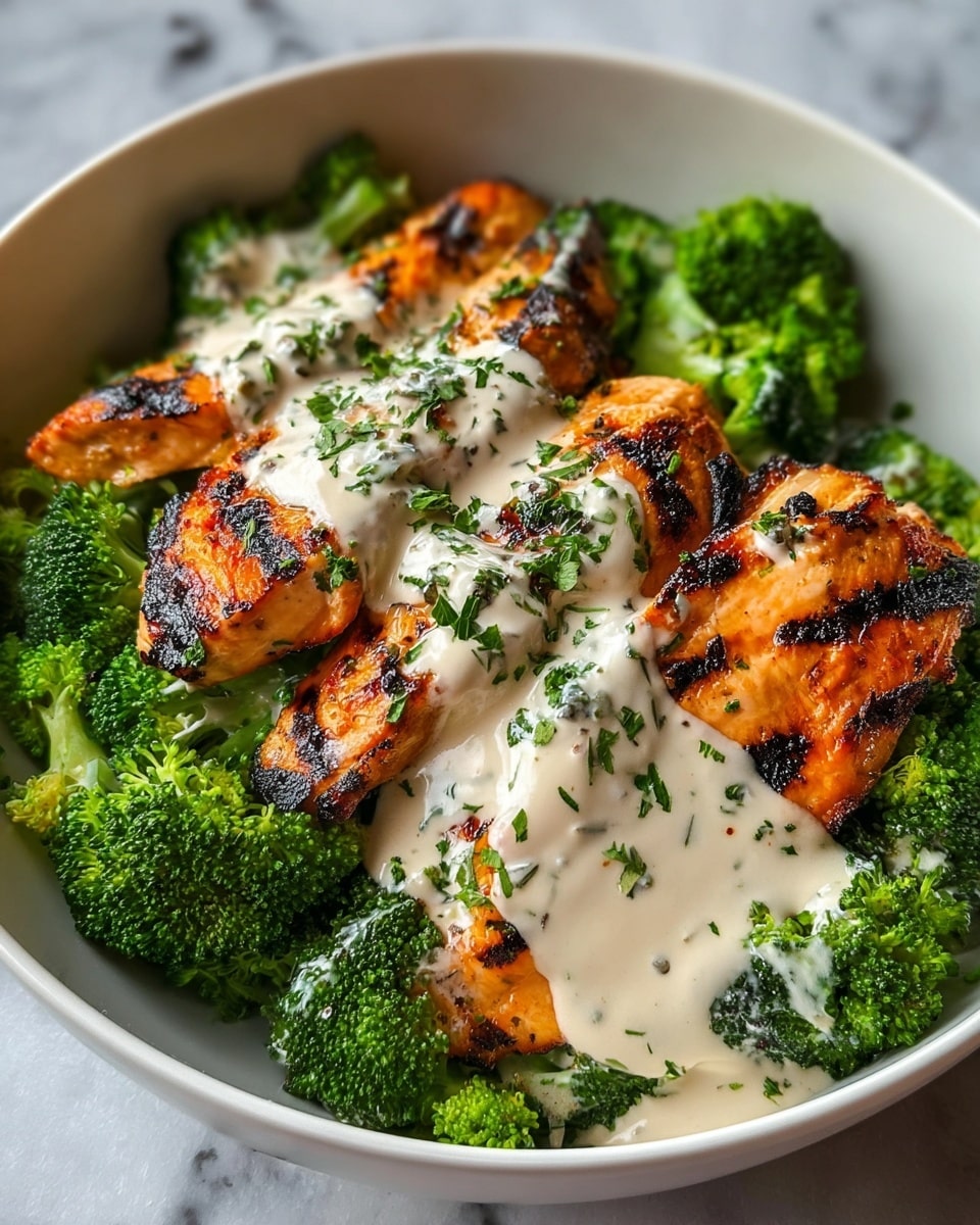 The dish is served in a white bowl filled with bright green broccoli florets as the base layer, creating a fresh and textured bed. On top, there are three grilled chicken breasts with charred marks, showing an orange-brown color with dark grill lines, arranged side by side. A creamy white sauce is drizzled over the chicken, lightly pooling in some areas, and the dish is sprinkled with finely chopped green herbs for garnish. The background surface is a white marbled texture. Photo taken with an iphone --ar 4:5 --v 7