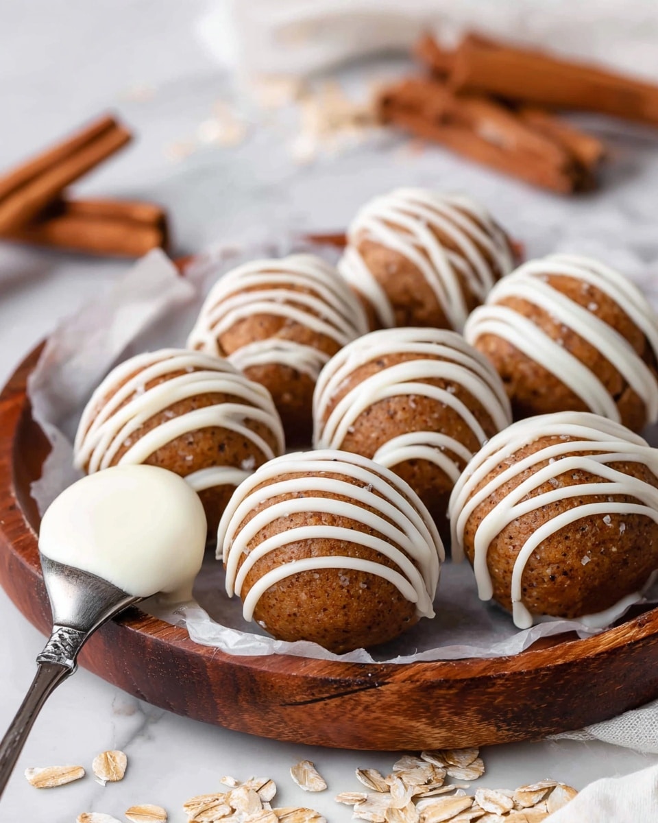 A wooden round tray holds nine round, brown cake balls arranged closely together, each decorated with smooth, white icing drizzled in thin stripes horizontally and vertically. The cake balls have a slightly rough, textured surface indicating a baked exterior. One silver spoon lies on the tray in the front left, filled with creamy white icing resting on parchment paper that covers the tray. In the blurred background, whole cinnamon sticks and scattered oats appear on a white marbled texture. Photo taken with an iphone --ar 4:5 --v 7
