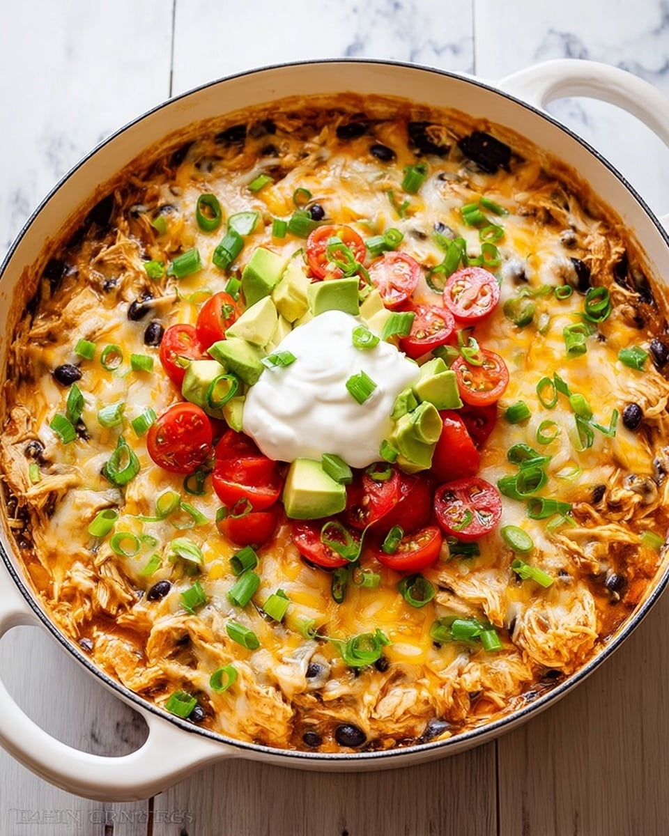 A large white pot filled with a layered dish, starting with a base of shredded chicken mixed with black beans and covered by melted golden-yellow and white cheese. On top, there are fresh chopped green onions scattered evenly across the dish. In the center, a dollop of white sour cream is surrounded by chunks of bright green avocado and halved red cherry tomatoes, adding fresh color contrast. The melted cheese layer looks creamy and slightly browned in some areas, with the black beans and chicken pieces visible underneath. The pot is placed on a surface with a white marbled texture. photo taken with an iphone --ar 4:5 --v 7