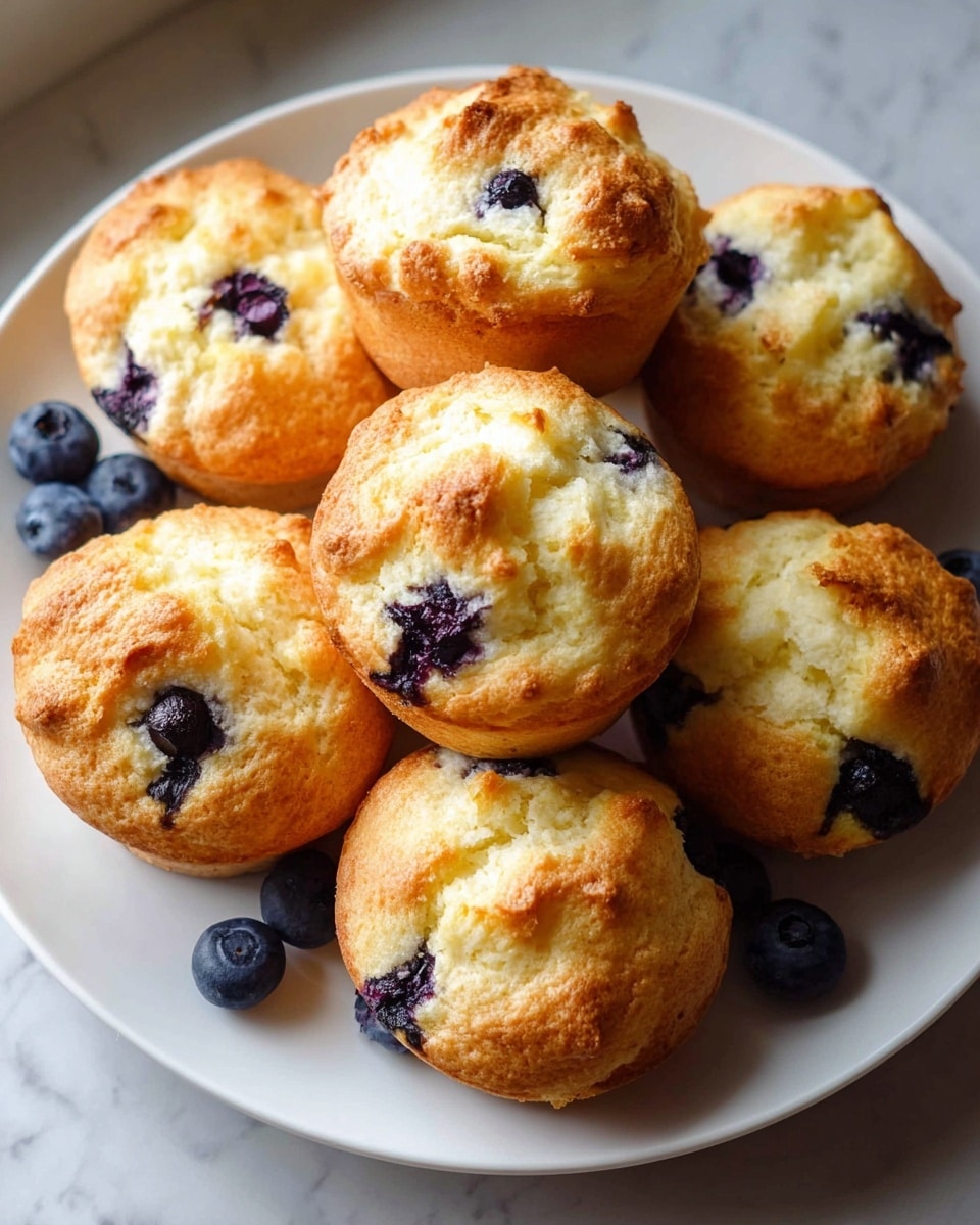 A white plate filled with seven golden-brown blueberry muffins that have a slightly rough, fluffy texture on top. The muffins are light yellow inside with darker golden edges and each has visible dark blue blueberries embedded, some bursting through the surface. A few whole blueberries are scattered around the muffins on the white plate. The plate is set on a white marbled surface with soft natural light coming from the left side, enhancing the warm tones of the muffins. photo taken with an iphone --ar 4:5 --v 7