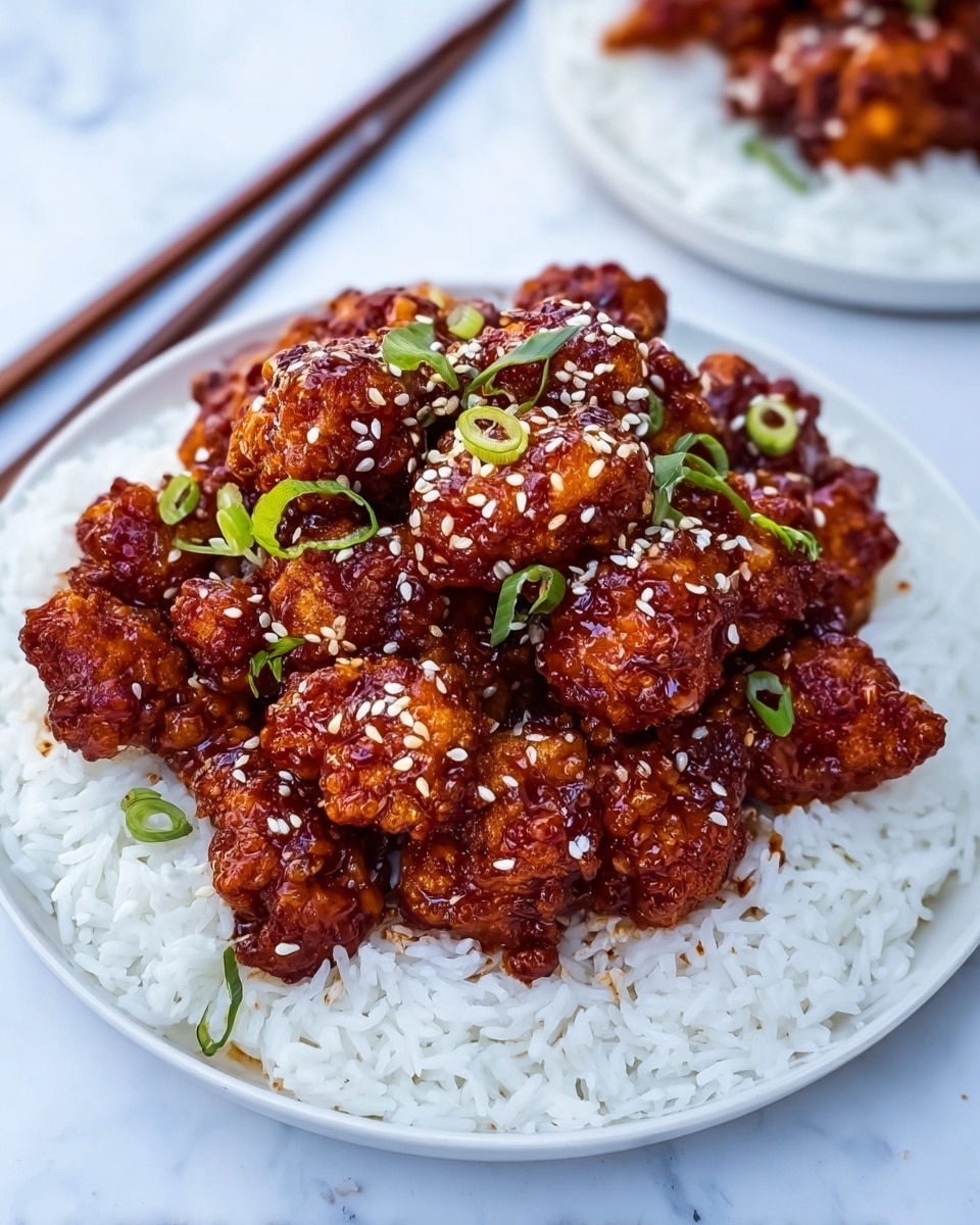 The dish shows a white plate filled with a base layer of fluffy white rice, topped with a generous pile of crispy, golden-brown fried pieces coated in a glossy dark reddish-brown sauce. The fried pieces have a textured, crunchy exterior and are garnished with small, thin slices of green scallions and white sesame seeds scattered evenly over the top. The plate is placed on a white marbled surface, and chopsticks can be seen in the background. photo taken with an iphone --ar 4:5 --v 7