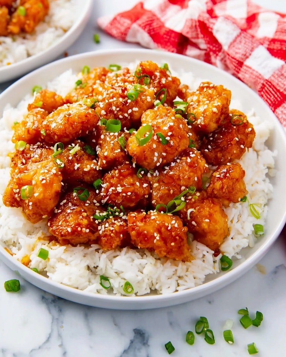 A white plate holds a bed of fluffy white rice as the bottom layer, with the top layer consisting of golden-brown fried chicken pieces coated in a shiny, sticky orange sauce. The chicken is sprinkled with small white sesame seeds and chopped green onions, adding texture and color contrasts. The plate is set on a surface with a white marbled texture, with a hint of a red and white checkered cloth visible nearby. Photo taken with an iphone --ar 4:5 --v 7