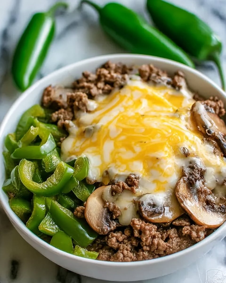 A white bowl holds a dish with three clear layers: the bottom layer has cooked green bell pepper slices and white onion pieces with a soft texture; the middle layer is browned ground meat mixed with sautéed mushroom slices that are light brown with dark gills showing; the top layer is a smooth, pale yellow melted cheese covering the meat and vegetables partially, slightly dripping on the sides. The bowl is placed on a white marbled surface. photo taken with an iphone --ar 4:5 --v 7