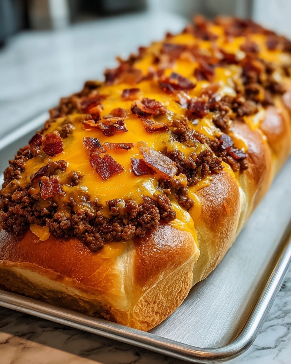 The image shows a long baked bread with a shiny golden-brown crust as the base layer. On top, there is a thick layer of cooked ground beef in a dark brown color, covering most of the bread surface. Over the meat, there is a generous layer of melted orange-yellow cheddar cheese hidden under small pieces of crispy reddish-brown bacon scattered evenly. The bread rests on a metal baking tray placed on a white marbled surface. The photo is taken close up, highlighting the textures of the soft bread and the moist, cheesy meat topping, with the background softly blurred. photo taken with an iphone --ar 4:5 --v 7