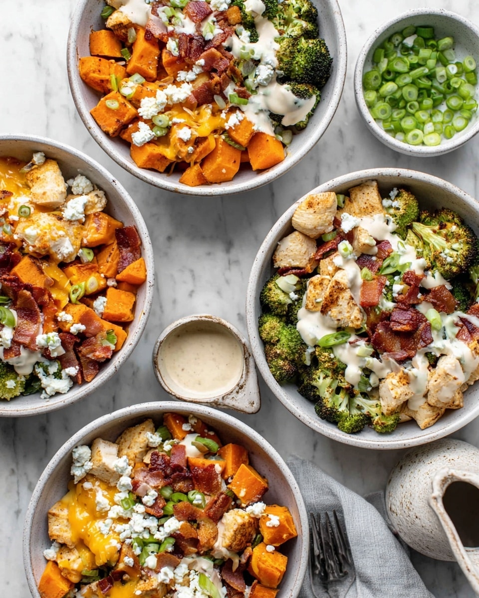 Four white bowls sit on a white marbled surface, each filled with a colorful mix of food. The base layer is orange sweet potato cubes and green roasted broccoli florets. On top of this are chunks of cooked chicken and crispy bacon pieces, adding light tan and reddish-brown colors. Scattered white crumbled cheese and chopped green onions add small contrasting bits all over the bowls. The dish is finished with drizzles of creamy white sauce and melted orange cheese, creating a rich texture. A small white bowl of extra green onions and a rustic cream-filled pottery pitcher on a white plate sit nearby. Photo taken with an iphone --ar 4:5 --v 7