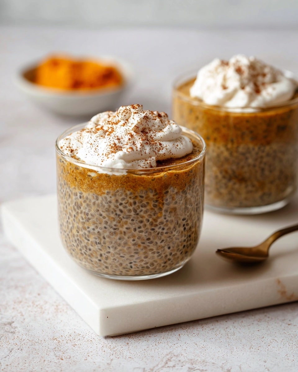 Two clear glass cups filled with a thick chia seed pudding that is light brown with visible dark chia seeds throughout. Each cup has a dollop of white whipped cream on top, sprinkled with a light dusting of brown spice, likely cinnamon. The cups are placed on a white rectangular board set on a white marbled textured surface. In the background, there is a blurred bowl containing an orange-colored substance. Photo taken with an iphone --ar 4:5 --v 7